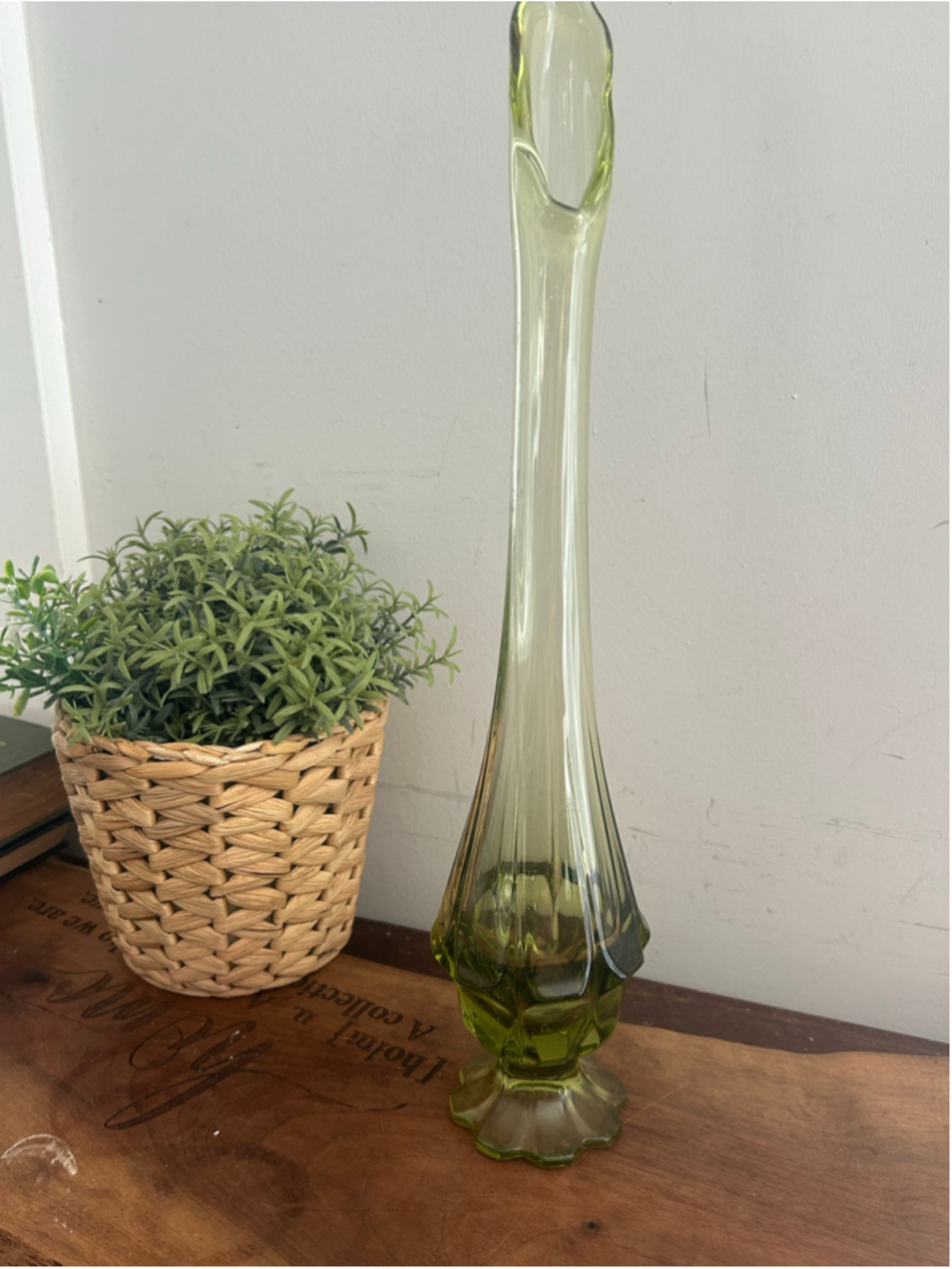 Green Fenton Valencia Glass Skinny Swung Vase petal base MCM 16" Tall olive